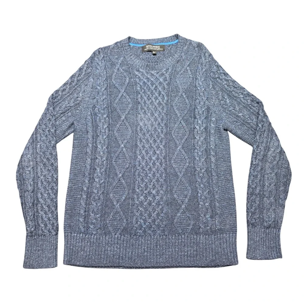 Banana Republic Sweater Blue Mens Medium Cable Knit Linificio Linen Crewneck